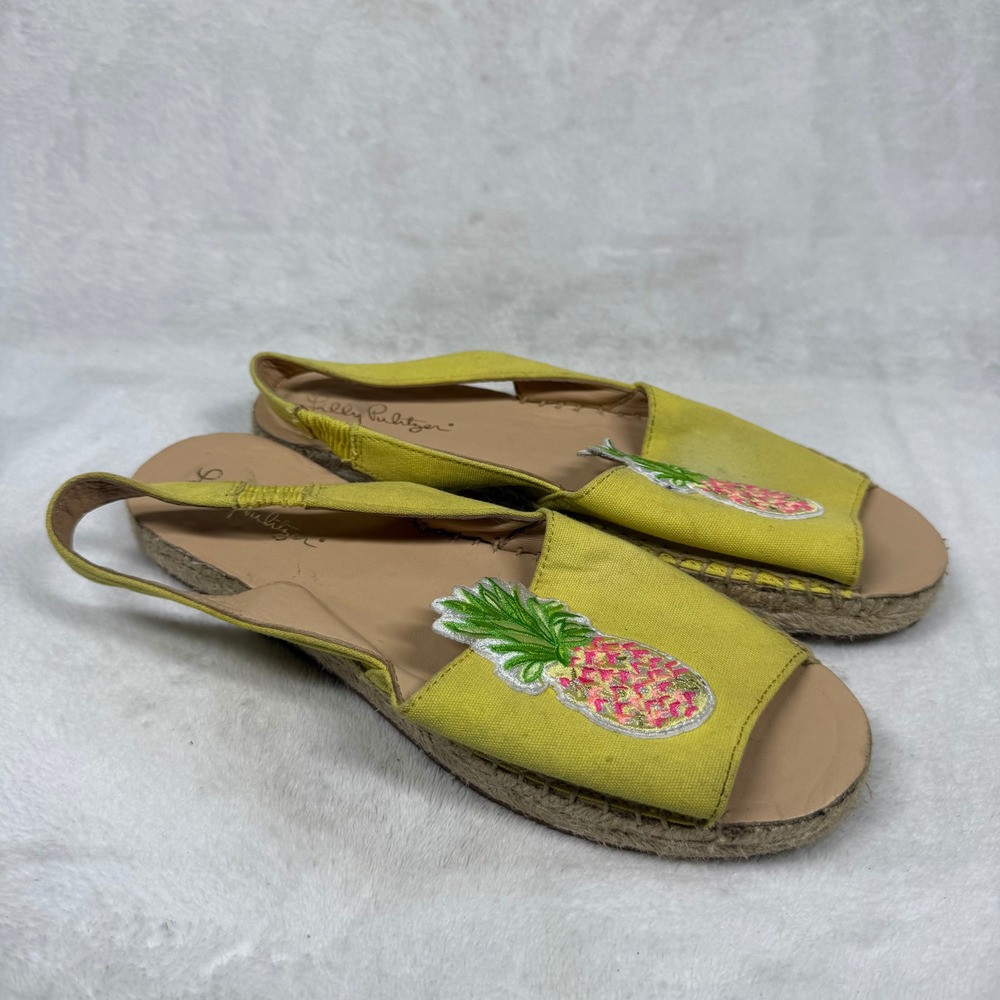 Lilly Pulitzer Yellow Pineapple Embroidered Espadrille Slingback Sandals 6.5M